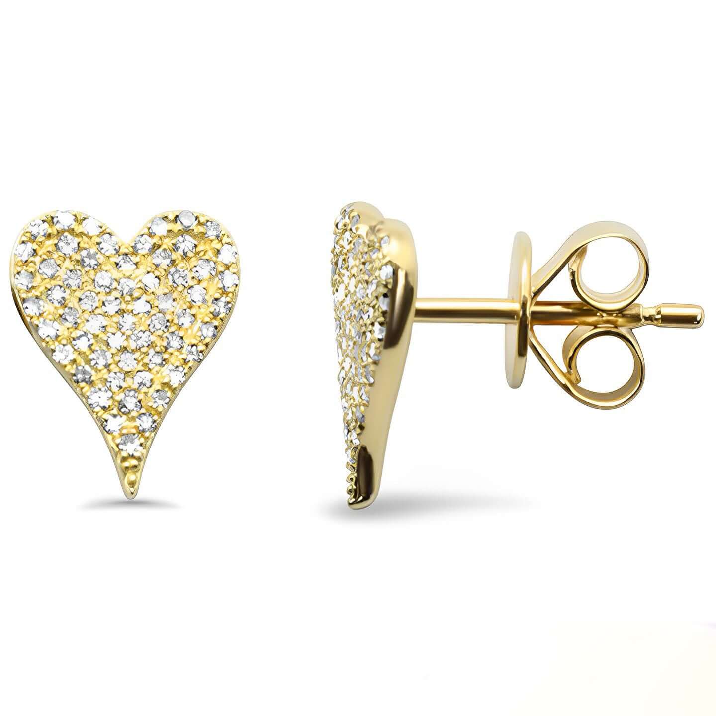 14K YELLOW GOLD DIAMOND HEART EARRINGS PUSH BACK